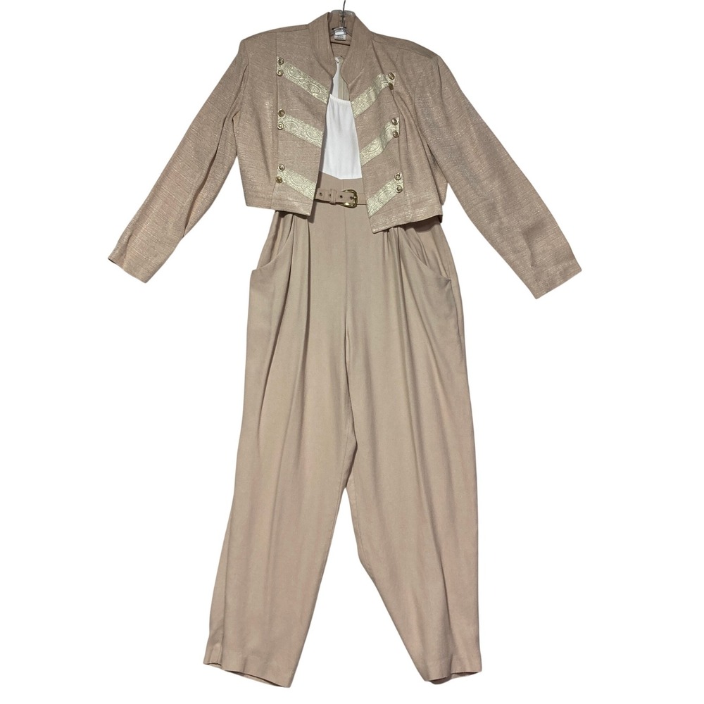 VTG DJ & Co Tan Military Inspired Cropped Jacket‎ Belted Jumpsuit Set 12 Beige